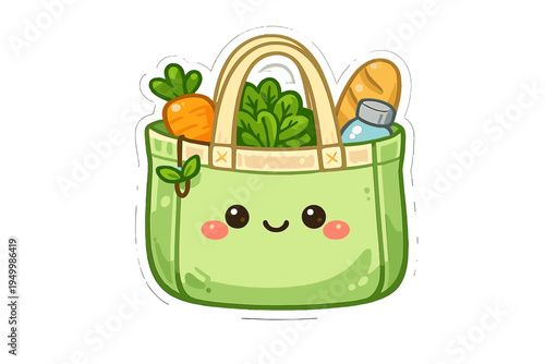 A cute kawaii-style green reusable shopping bag sticker featuring a
