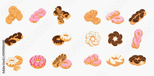 Set of various sweet braided donuts with colorful frosting and chocolate glaze, delicious pastries illustration.