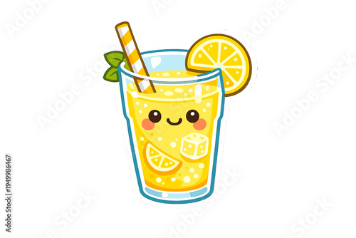 A cute kawaii sticker of a glass of lemonade with a smiling face