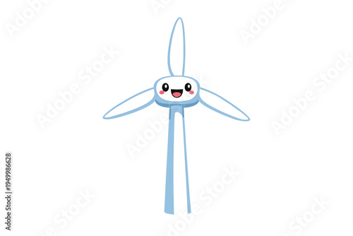 A cute cartoon wind turbine character with a smiling face and three
