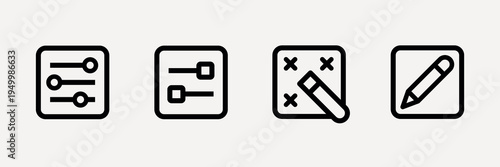 UI icon vectors. Set of four black line icons: sliders, sliders, strategy, pencil. Simple sliders, strategic planning, and pencil design in black line style. User interface icons, UI icon vector set.