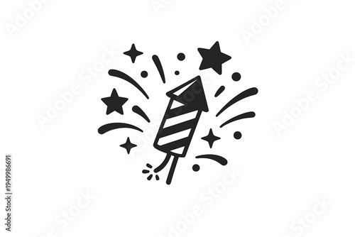 Minimalist black and white doodle of a firework rocket with stripes