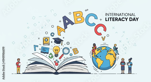 International literacy day illustration with open book globe and children learning symbolizing education and global literacy