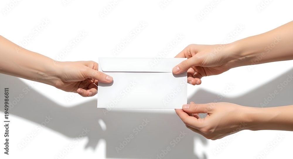 Obraz premium Two Hands Exchanging a White Envelope on White Background