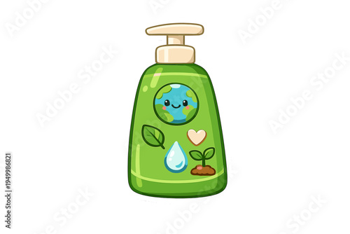 A cute vector sticker of a green eco-friendly pump bottle featuring a