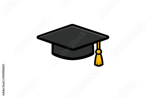 A vector illustration of a black graduation cap with a yellow tassel