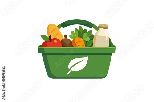 A flat vector illustration of a green shopping basket filled with