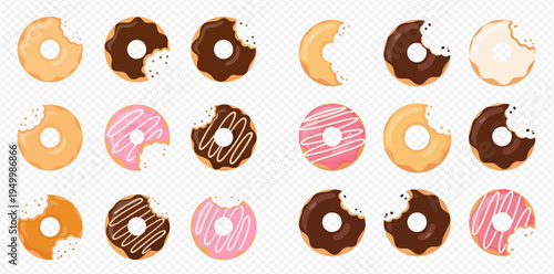 Set of bitten donuts with various glazes and toppings on a transparent background, vector illustration.