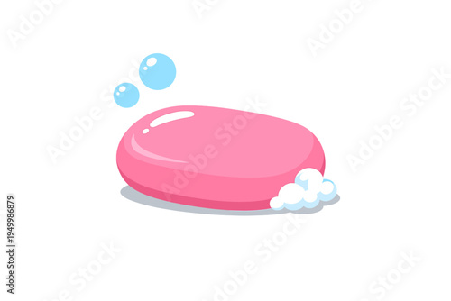 Vector illustration of a pink bar of soap with light blue bubbles and