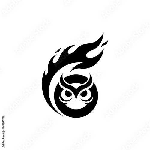 Stylized black owl head with fiery flame design, a powerful and wise emblem.