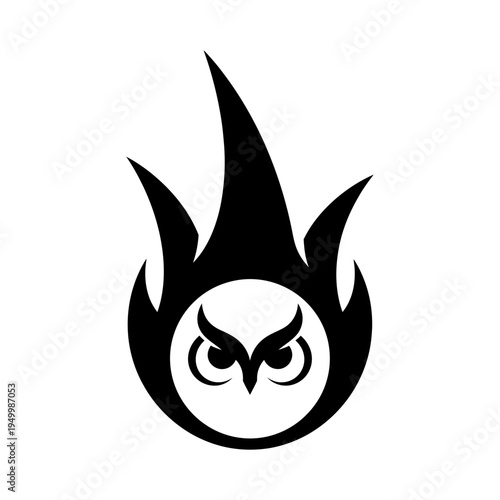 Stylized black silhouette of an owl head within a flame shape.