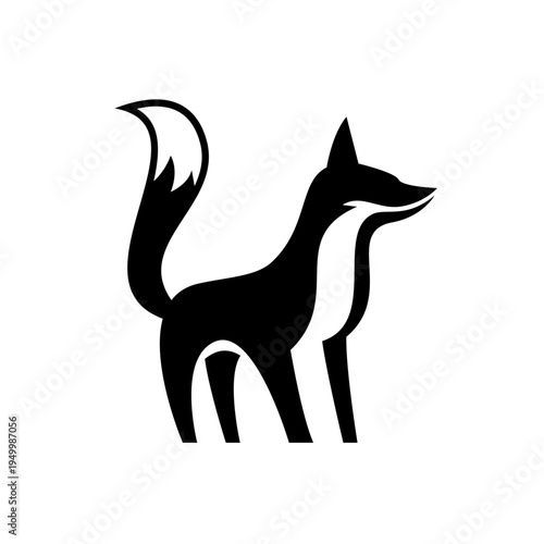 Stylized Black and White Fox Logo Illustration. Minimalist Abstract Geometric Fox Animal Design.