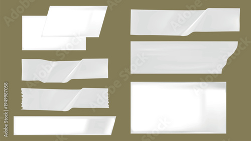 Set of transparent adhesive tape strips on a plain background. Various shapes of tape, including torn and straight edges. Tape strips for design use. Sticker and tape element vector set.