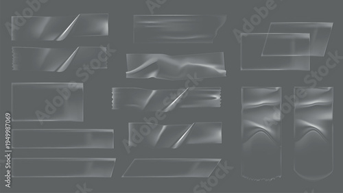 Set of transparent adhesive tape strips on a gray background. Tape strips in various shapes. Adhesive tape collection for design. Transparent tape variety. Sticker and tape element vector set.