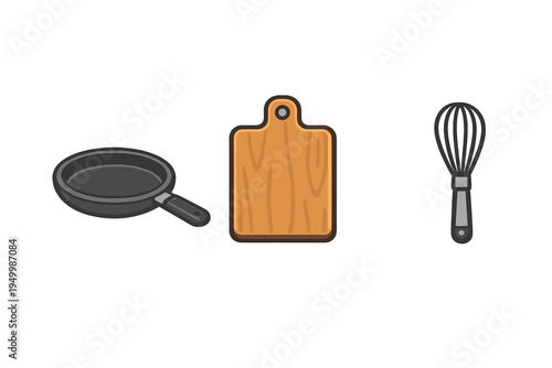 A set of three kitchen utensil icons including a black frying pan, a