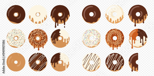 Set of various delicious glazed donuts with chocolate and sprinkles, isolated on transparent background, sweet pastries for breakfast or dessert.