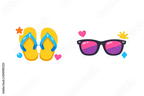 A set of summer-themed stickers featuring yellow flip-flops with blue