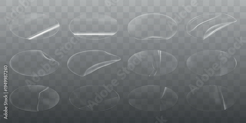 Set of transparent glass bubbles on a checkered background. Glass bubbles in various shapes. Clear, glossy glass bubbles for design. Glass bubbles collection. Sticker element vector set.