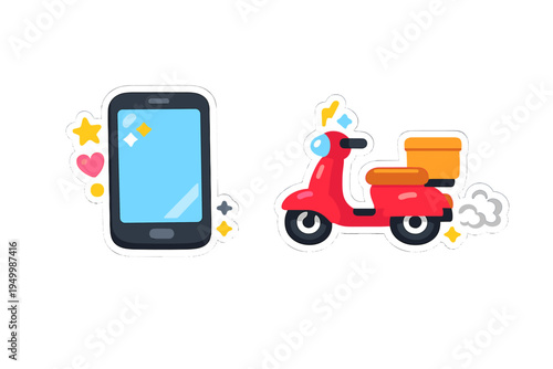 A set of flat vector icons featuring a black smartphone and a red