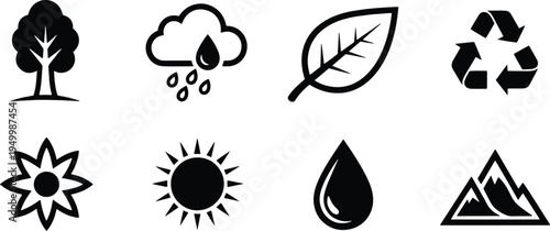 A set of vector line art silhouettes depicting eco friendly symbols and nature icons in black