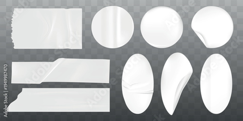 Set of white stickers in various shapes. Stickers include circles, ovals, and rectangles. White stickers with realistic textures and shadows. Sticker element vector set.