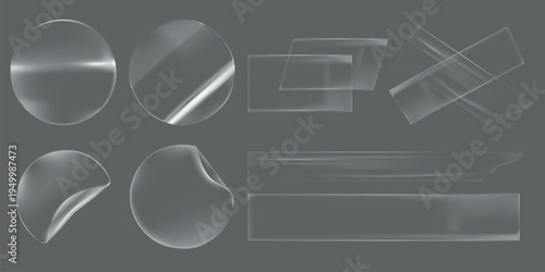 Set of transparent tape strips on a gray background. Includes various shapes of tape, like circles and rectangles. Clear tape, adhesive tape, versatile tape. Sticker element vector set.