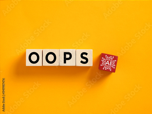 фотографія Wooden blocks spell OOPS with an AI chip block representing artificial intelligence hallucination, mistake, error, glitch, and failure