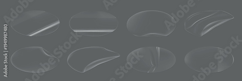 Eight transparent glass shapes on a gray background. Glass shapes vary in form. Smooth glass texture. Glass shapes are round and abstract. Glass art. Sticker element vector set.