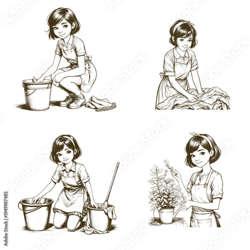 A housewife mops a dirty floor, does laundry, and tends to houseplants. Vector illustration. Concept of cleanliness, housework, and apartment and office tidying. 