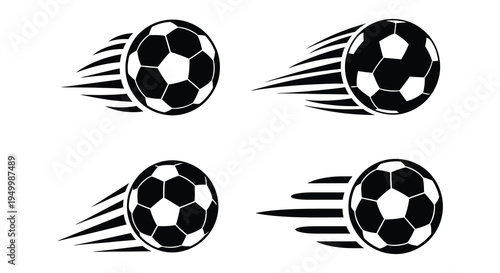 Four black and white soccer ball icons depicting motion and impact
