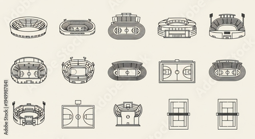 Collection of Basketball Court Illustrations in Various Perspectives.