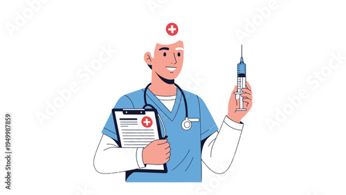 Medical Professional with Medical Tools: A healthcare expert, radiating care and readiness, holds a vaccine injection while carrying a clipboard.