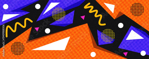 Colorful Abstract Geometric Background with Memphis Shapes and Retro Style with Textured Effects. Retro Geometric Banner or Poster Design