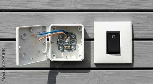 Outdoor Electrical Outlet Box with Exposed Wires and Modern Light Switch, Close-up Photography for Home Improvement and Repair Niches