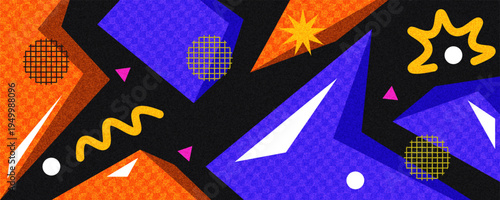 80s Retro Abstract Background with Memphis Style Geometric Shapes and Squiggly Line. Playful and Vibrant Banner Design