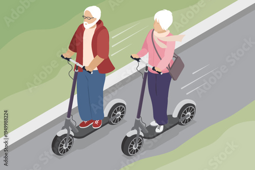 Elderly couple riding electric scooters. Happy senior man and woman riding scooters outdoors. Modern pensioners after retirement. Vector isometric illustration on abstract background.