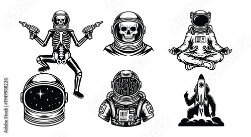 Silhouettes of astronauts in various poses and space suits