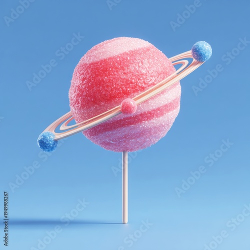 Creative surreal fusion of a pink lollipop planet with rings and a space satellite, cosmic candy concept.