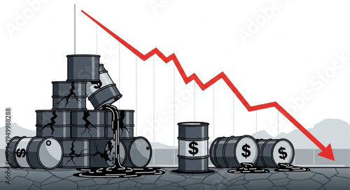 Oil Price Decline - Barrels and a Red Downward Trend Line.