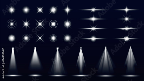 Collection of bright starburst and spotlight effects on a dark background. Starburst designs vary in shape and intensity. Spotlights create dramatic lighting. Overlay effect vector element set.