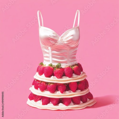 Conceptual fashion design of a satin camisole dress with a skirt made of giant strawberries and cream layers