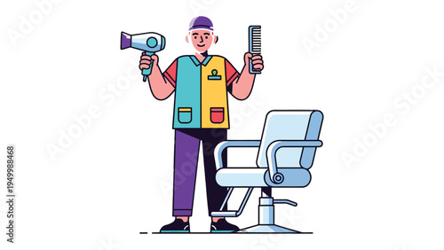 Hair Styling at Work: A stylist stands ready with professional tools, representing creativity and expertise, next to a salon chair, poised to create a masterpiece.