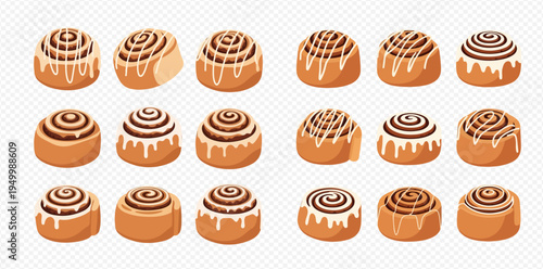 Set of delicious cinnamon rolls with various icing and glaze toppings, sweet baked goods illustration.