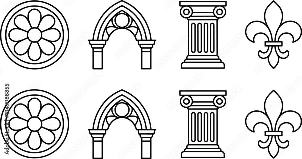 Naklejka premium Gothic architecture elements icon set with rose window arch column and fleur de lis ornament, medieval building outline vector icons collection
