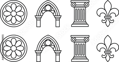 Gothic architecture elements icon set with rose window arch column and fleur de lis ornament, medieval building outline vector icons collection