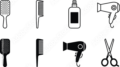 Hair salon and barber tools icon set with hairbrush comb shampoo bottle hair dryer and scissors, beauty hairdressing outline and solid vector icons
