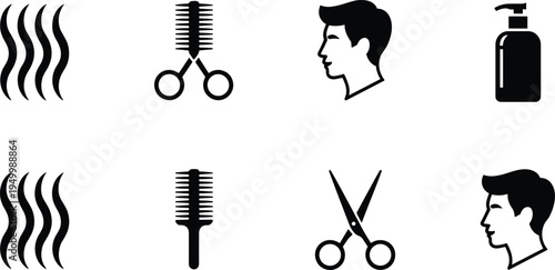 Hair salon barber grooming icon set with scissors comb spray bottle and hairstyle symbols, beauty care vector icons collection