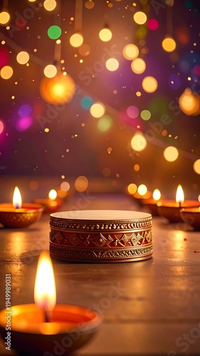 A serene arrangement of lit diyas on a wooden table with colorful lights