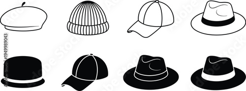Hat and cap icon set with beret beanie baseball cap and fedora, fashion headwear outline and solid vector icons collection