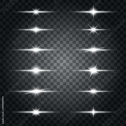 Set of bright starburst light effects on transparent background. Starburst, light effects, and bright highlights create a dazzling visual display. Overlay effect vector element set.